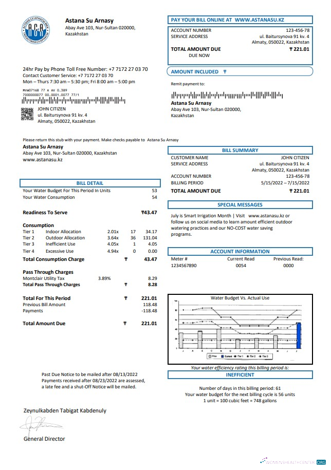 download Kazakhstan Astana Su Arnasy utility bill template in Word and PDF format (.doc and .pdf) PDF template